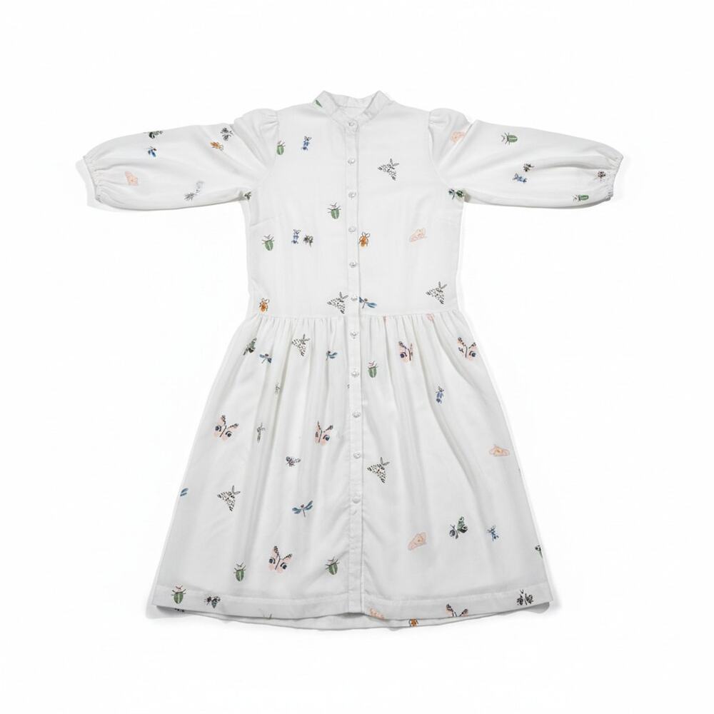 White Midi Shirt Dress S/M Poplin Insect Print Cottagecore Whimsical Summer